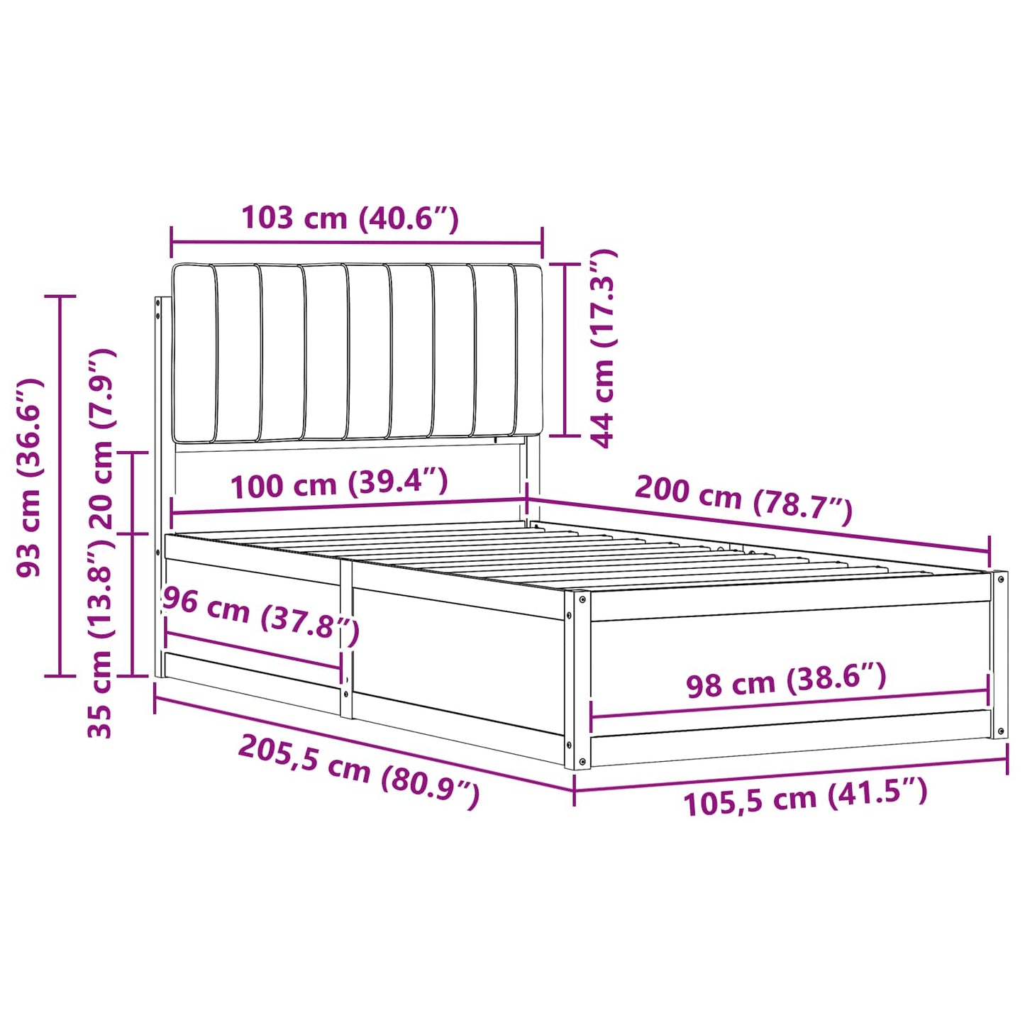 Sengestel med Polstret Hovedgavl Sort 100 x 200 cm