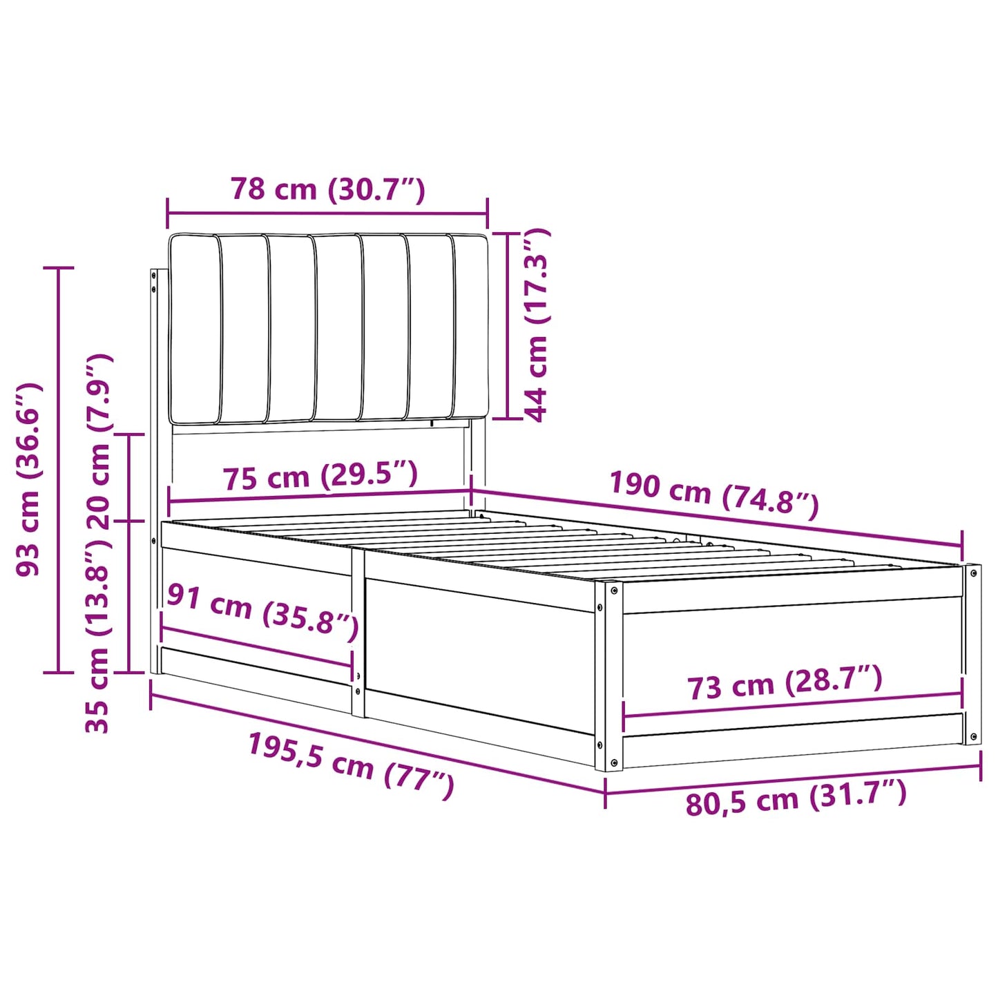 Sengestel med Polstret Hovedgavl Sort 75 x 190 cm
