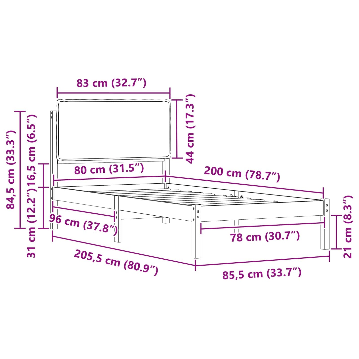 Sengestel med Polstret Hovedgavl Mørkegrå 80 x 200 cm