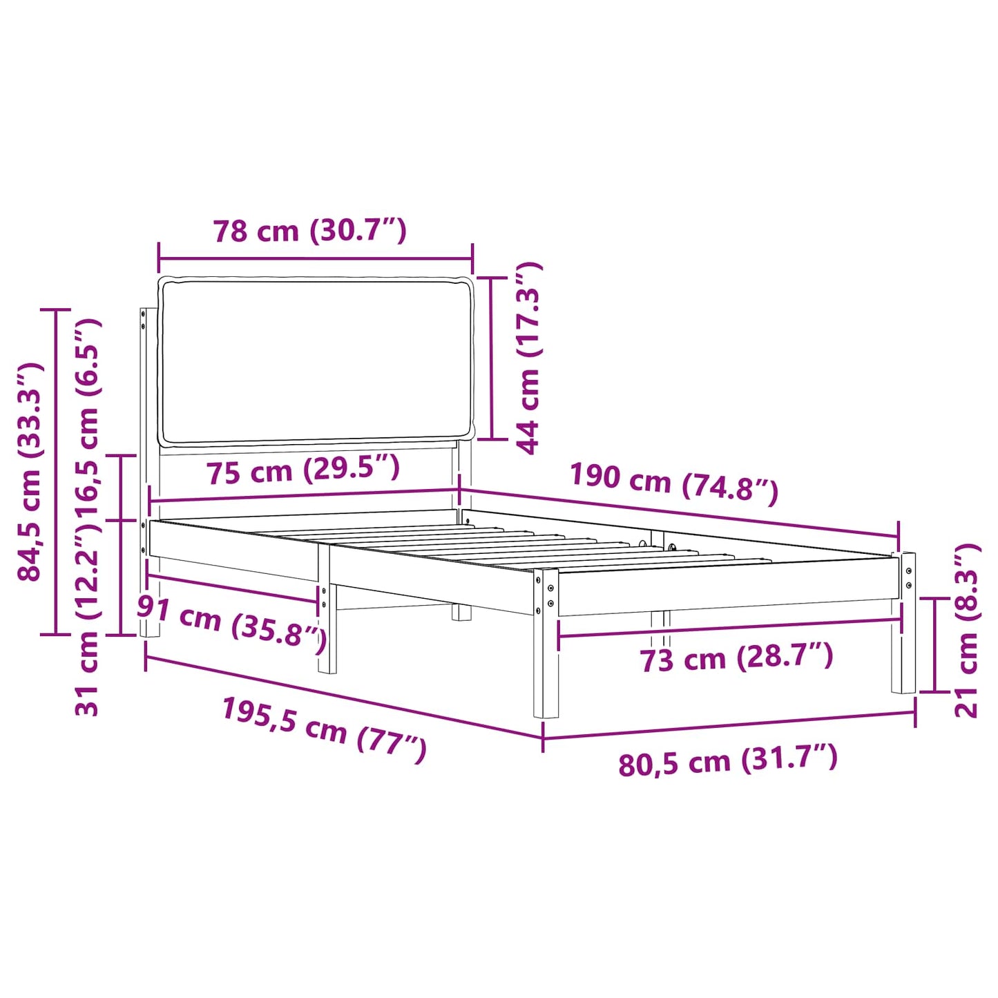 Sengestel med Polstret Hovedgavl Sort 75 x 190 cm