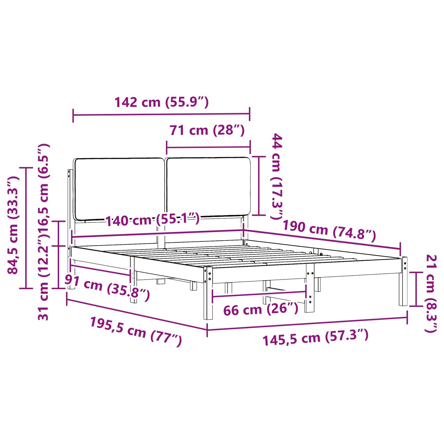 Sengestel med Polstret Hovedgavl Sort 140 x 190 cm