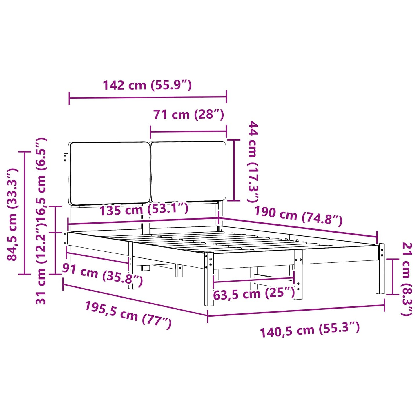 Sengestel med Polstret Hovedgavl Mørkegrå 135 x 190 cm