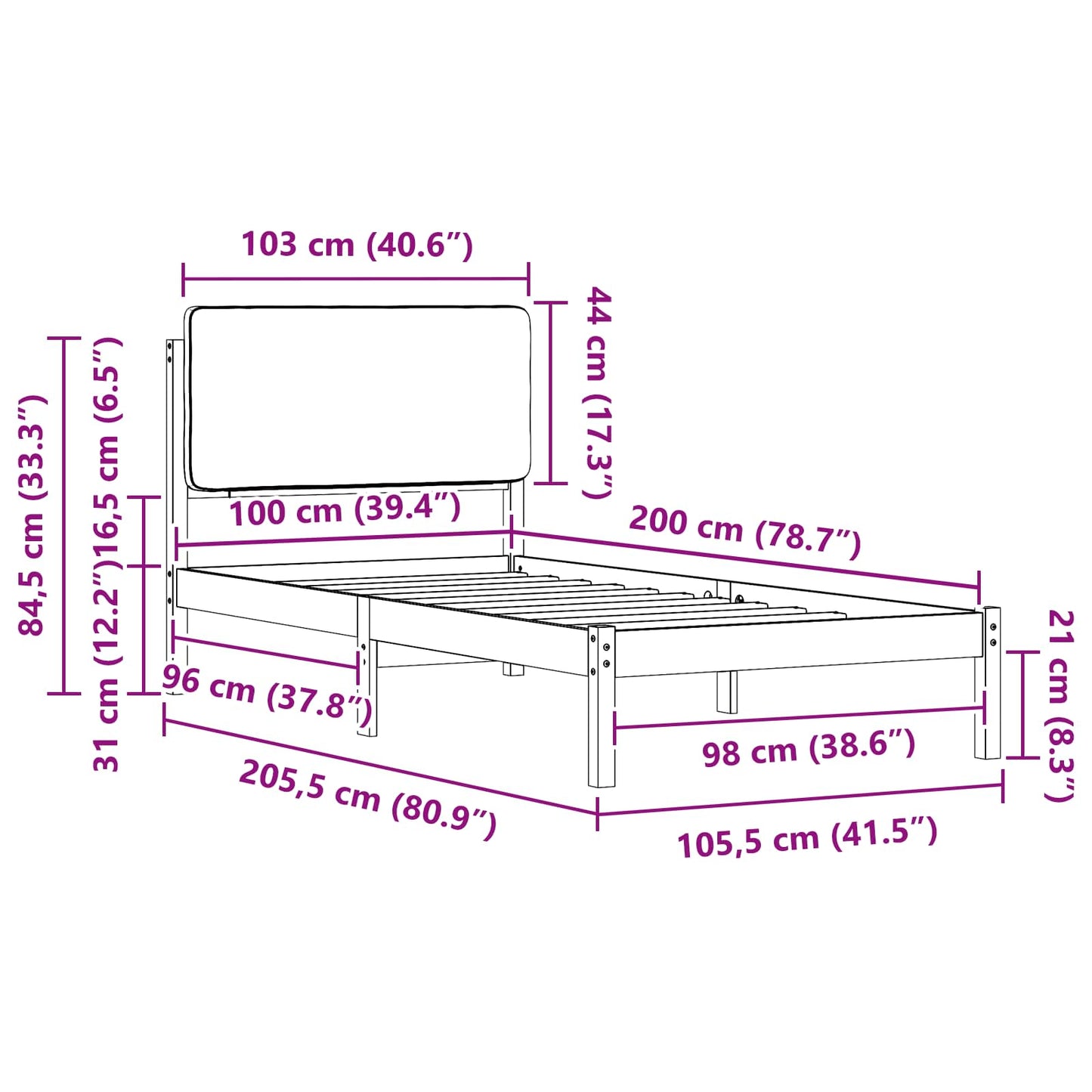 Sengestel med Polstret Hovedgavl Sort 100 x 200 cm