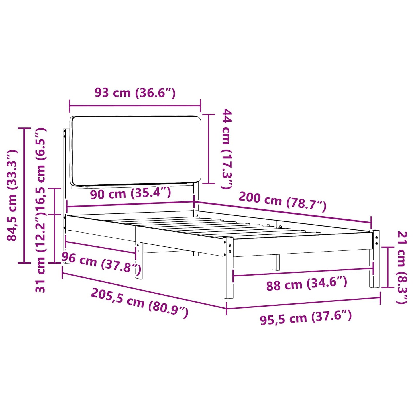 Sengestel med Polstret Hovedgavl Sort 90 x 200 cm