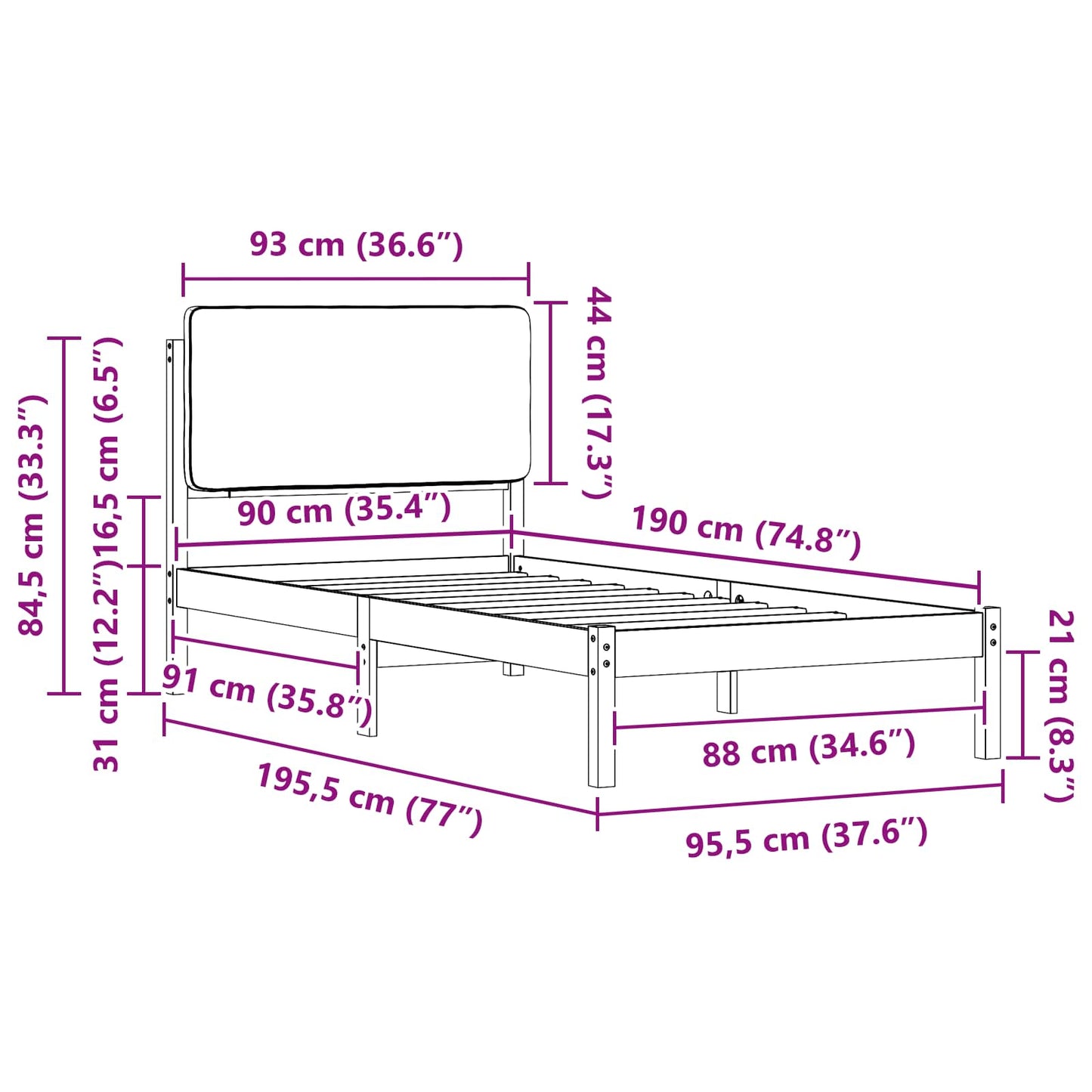 Sengestel med Polstret Hovedgavl Sort 90 x 190 cm
