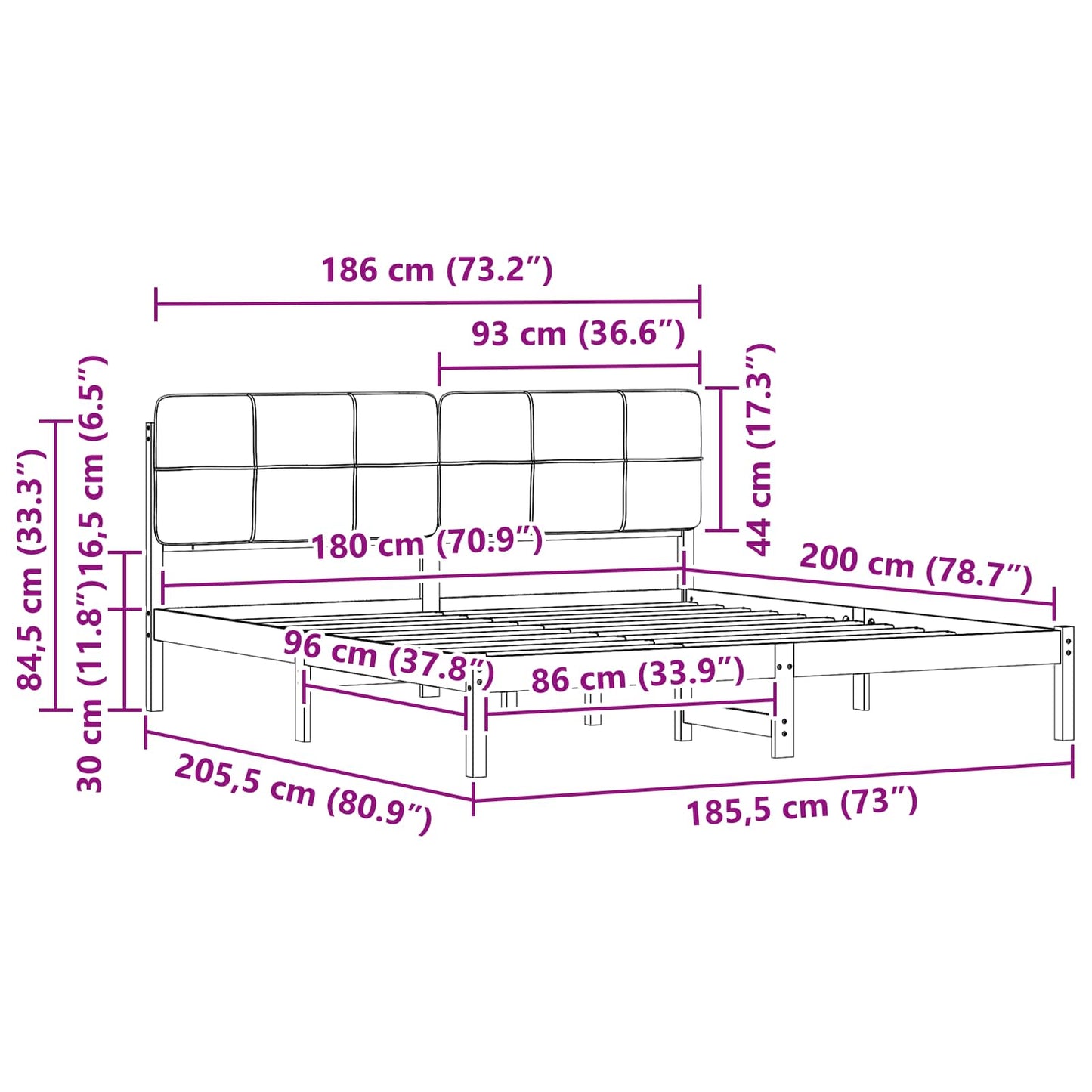 Sengestel med Polstret Hovedgavl Sort 180 x 200 cm