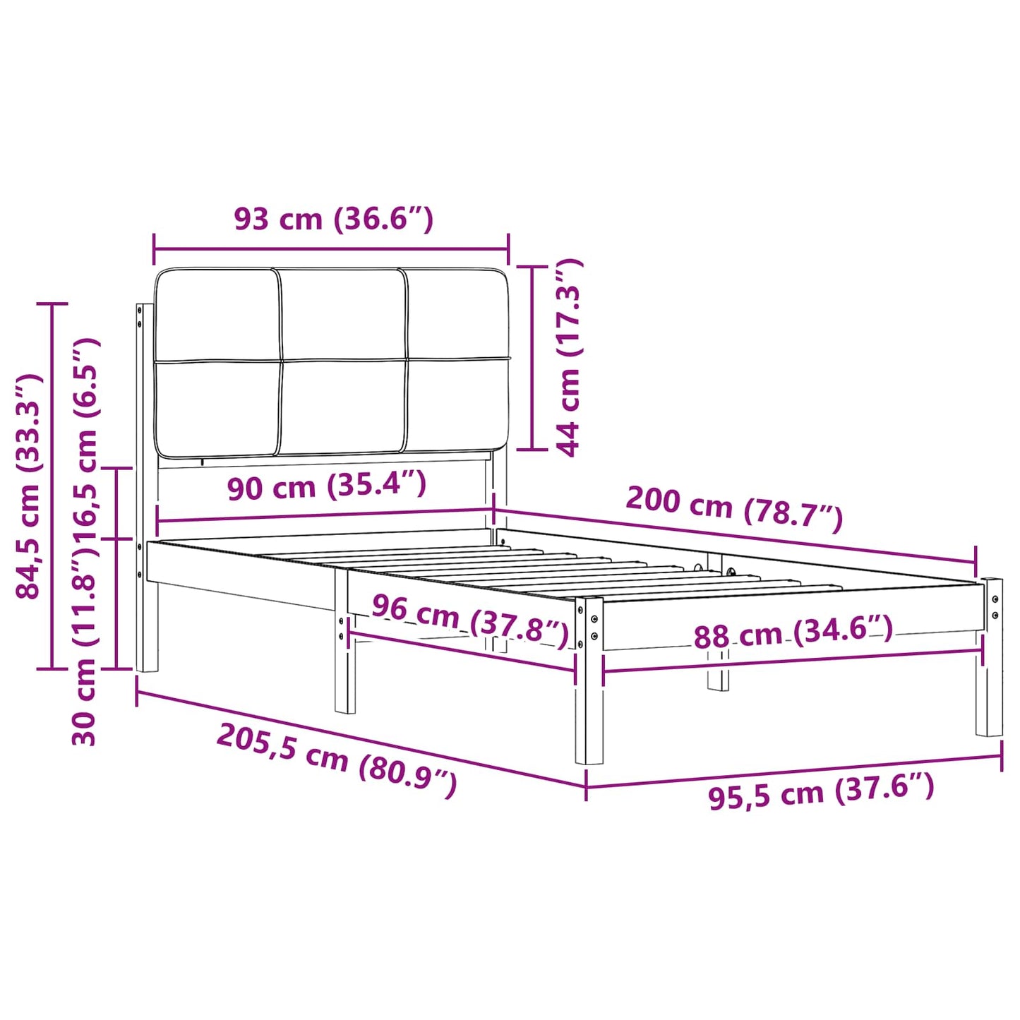 Sengestel med Polstret Hovedgavl Lysegrå 90 x 200 cm