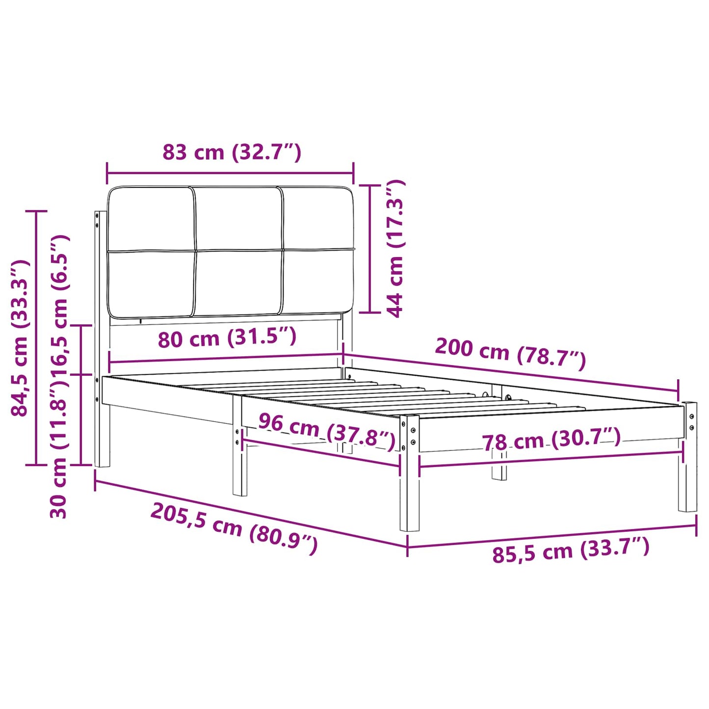 Sengestel med Polstret Hovedgavl Sort 80 x 200 cm