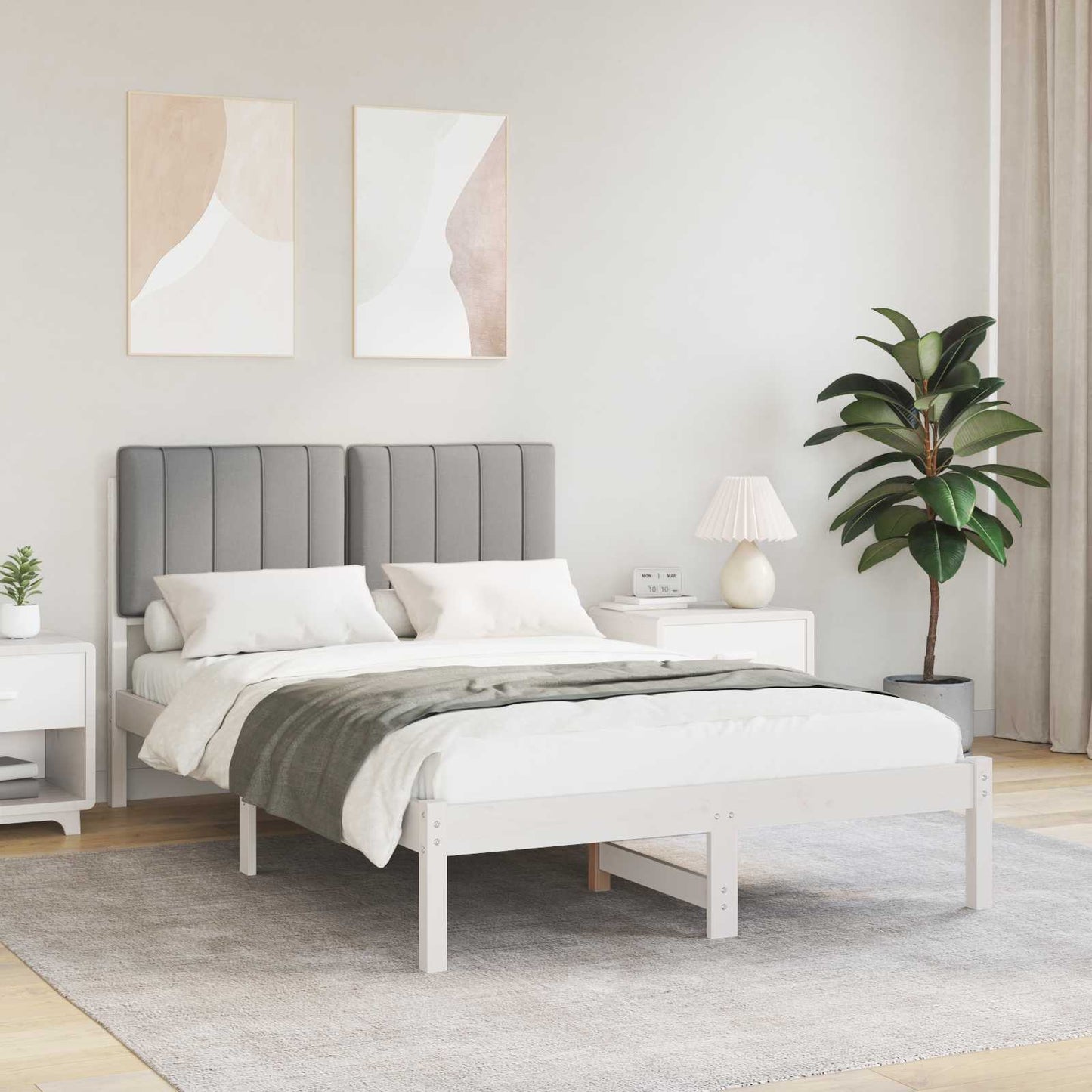 Sengestel med Polstret Hovedgavl Hvid og Lys Grå 120 x 200 cm
