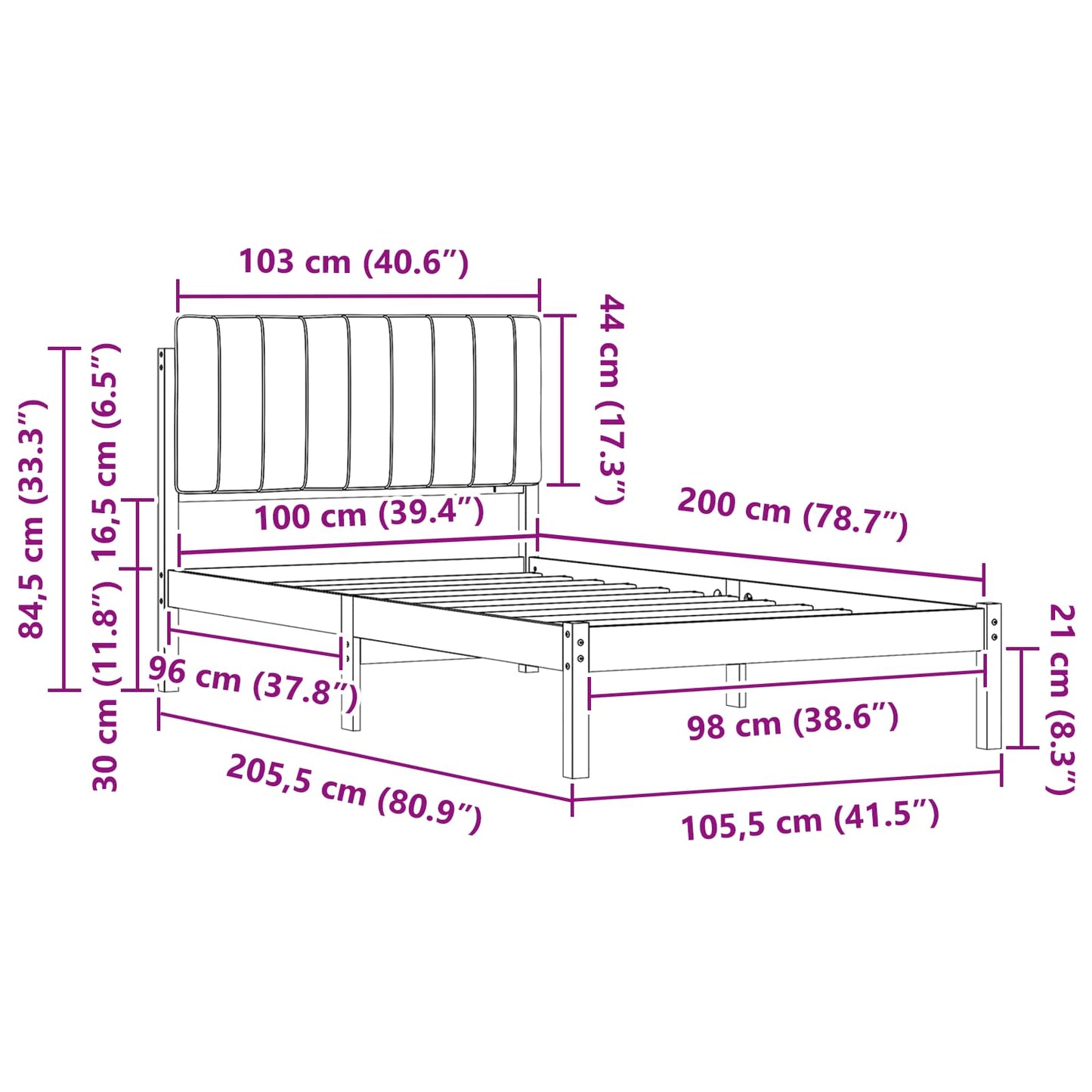 Sengestel med Polstret Hovedgavl Mørkegrå 100 x 200 cm