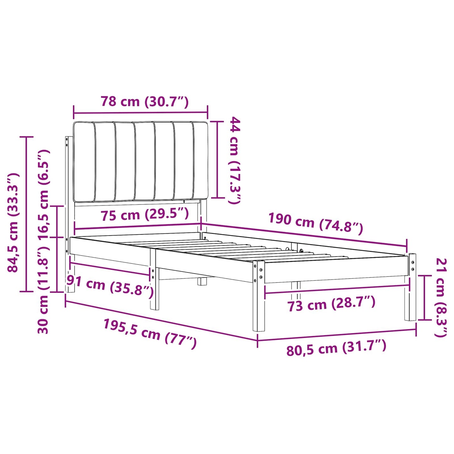 Sengestel med Polstret Hovedgavl Sort 75 x 190 cm