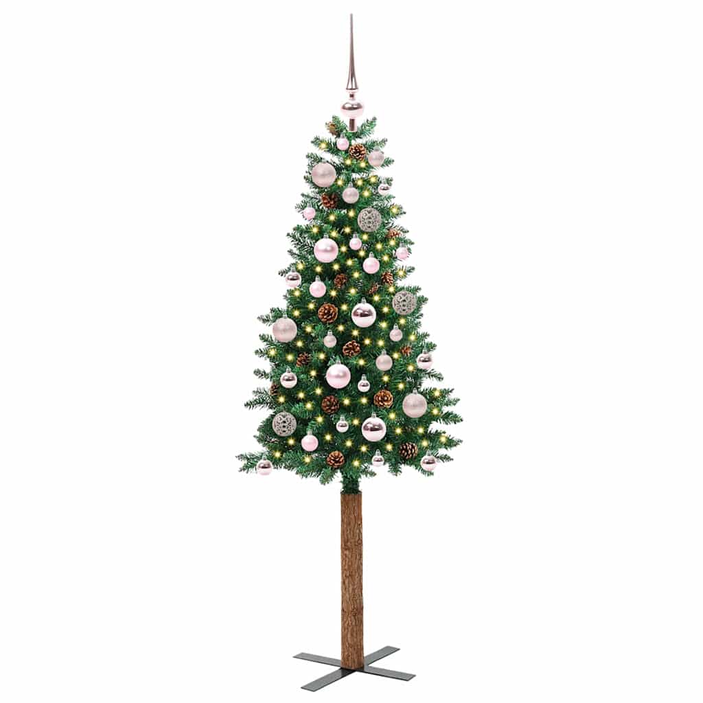 Slankt Juletræ med stativ Grøn 150 cm PVC og Massiv Fyrretræ