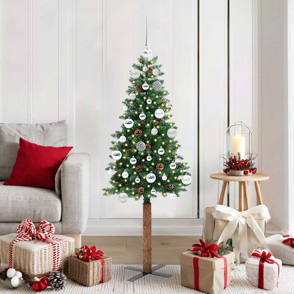 Slankt Juletræ med stativ Grøn 150 cm PVC og Massiv Fyrretræ