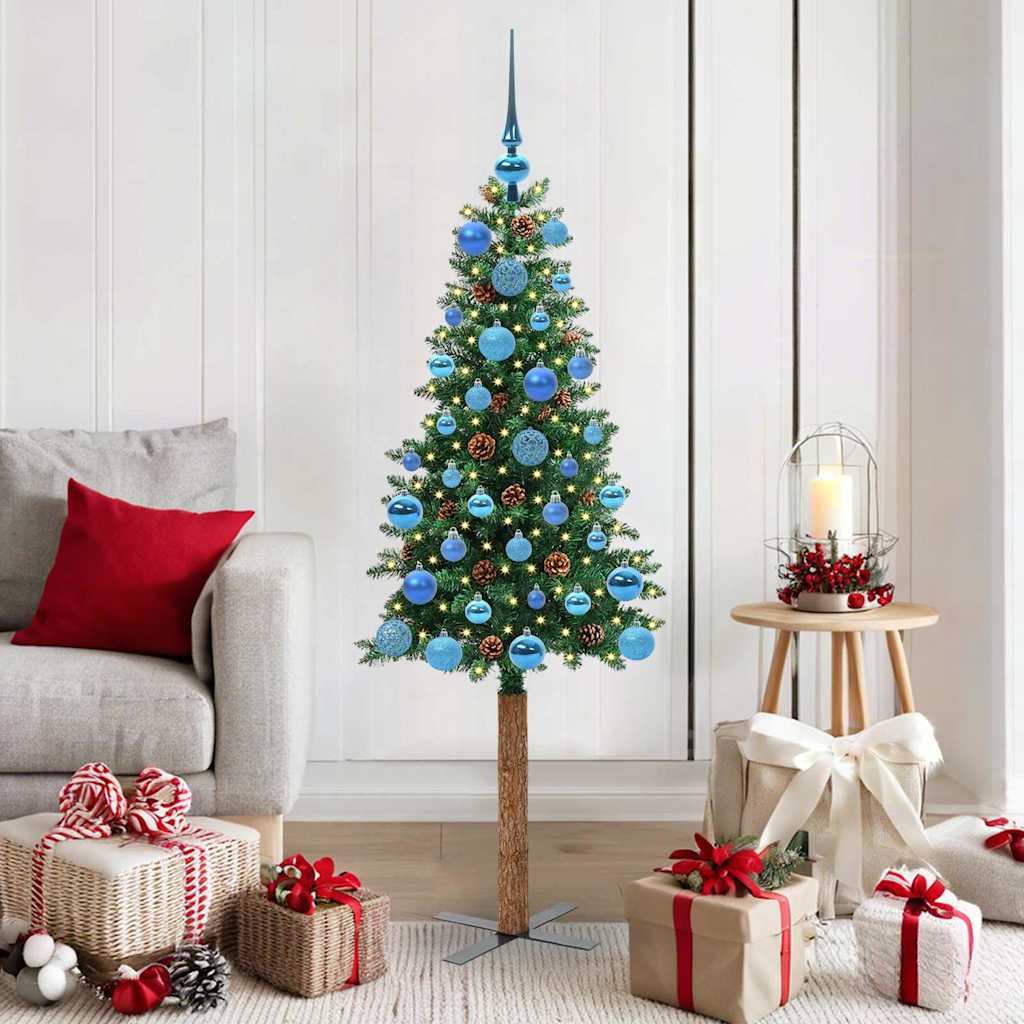 Slankt Juletræ med stativ Grøn 150 cm PVC og Massiv Fyrretræ