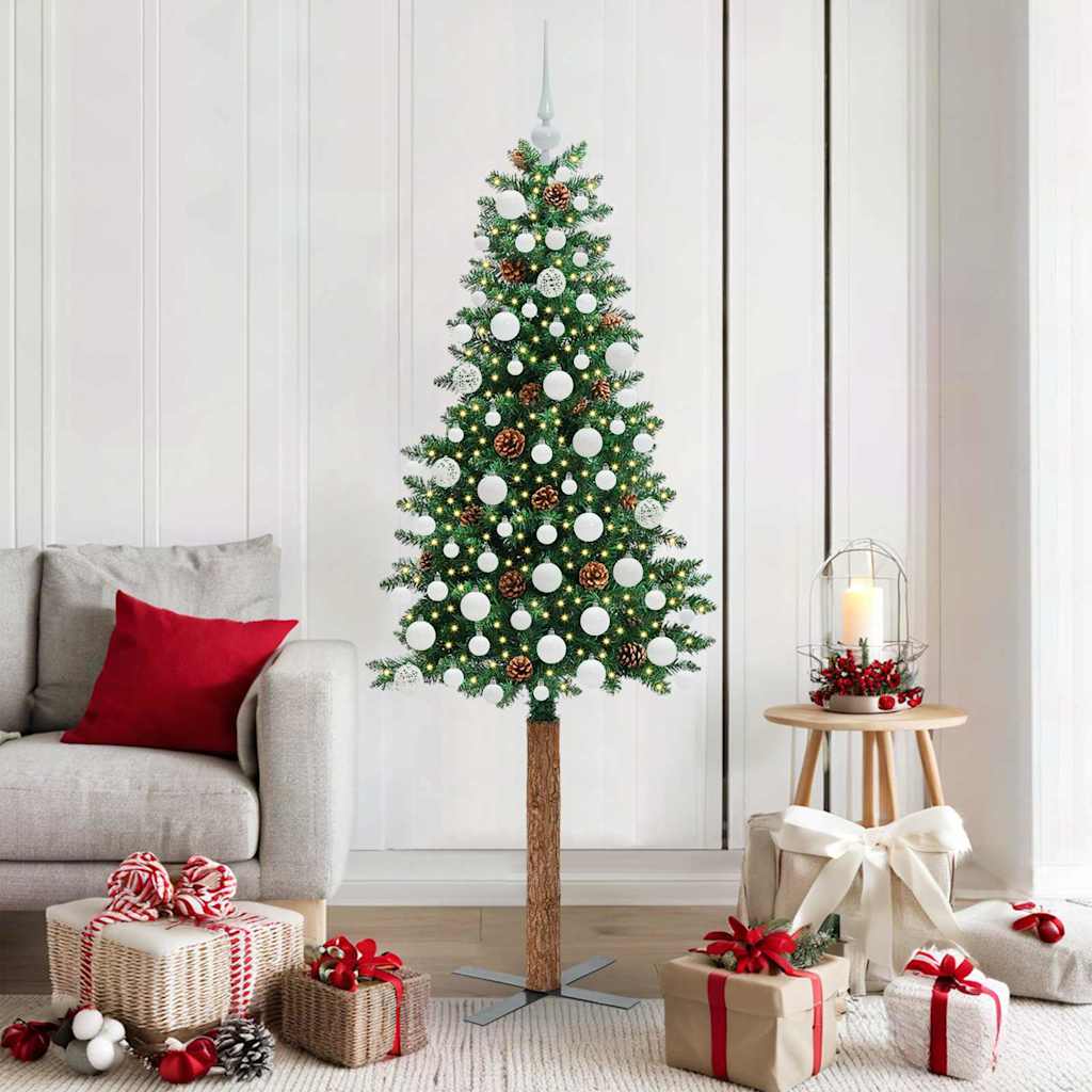 Slankt Juletræ med stativ Grøn 180 cm PVC og Massiv Fyrretræ