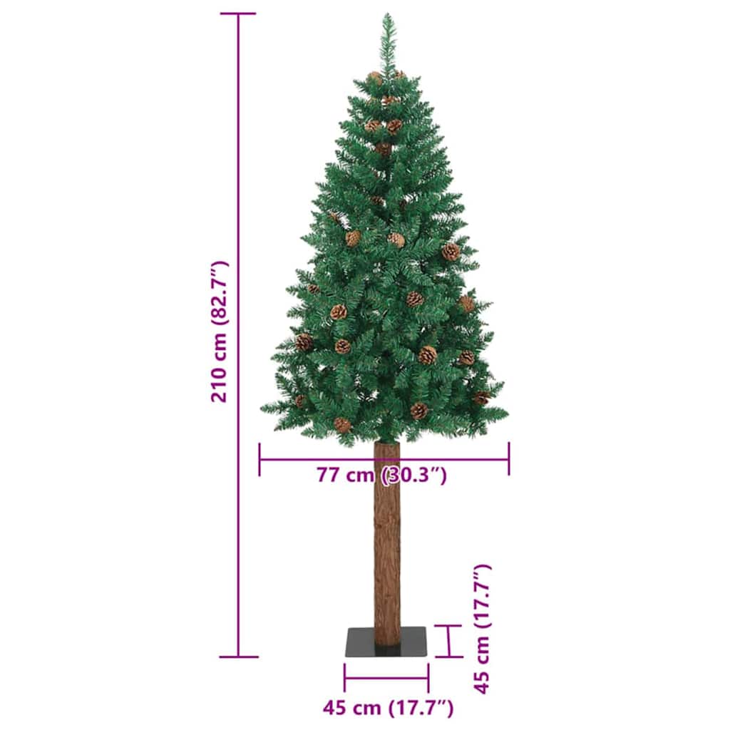 Slankt Juletræ med stativ Grøn 210 cm PVC og Massiv Fyrretræ