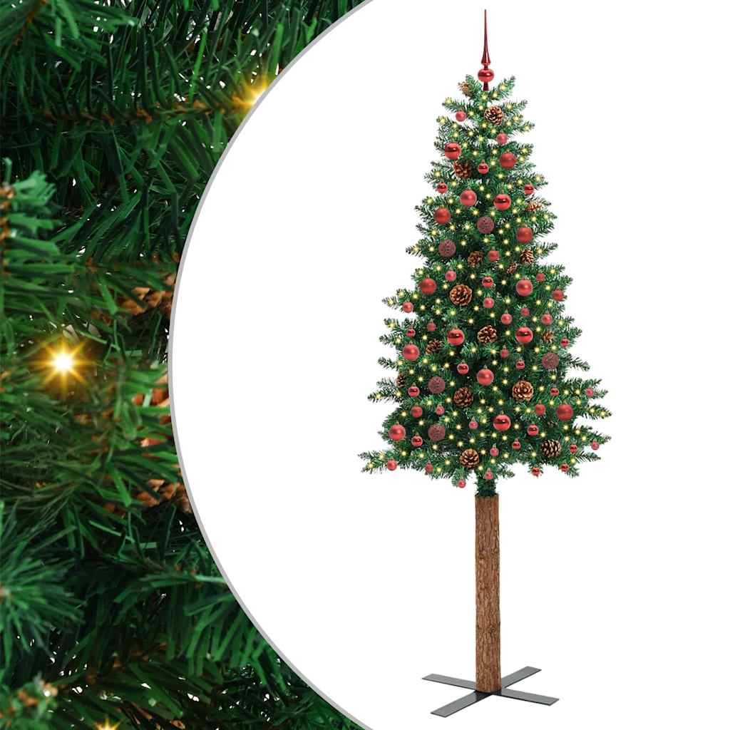 Slankt Juletræ med stativ Grøn 210 cm PVC og Massiv Fyrretræ