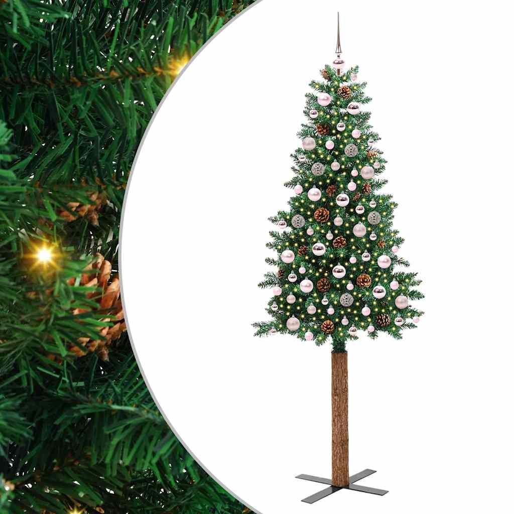 Slankt Juletræ med stativ Grøn 210 cm PVC og Massiv Fyrretræ