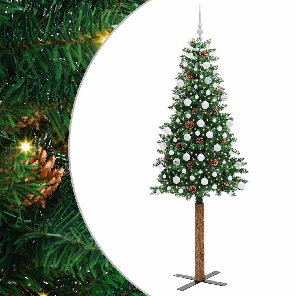 Slankt Juletræ med stativ Grøn 210 cm PVC og Massiv Fyrretræ