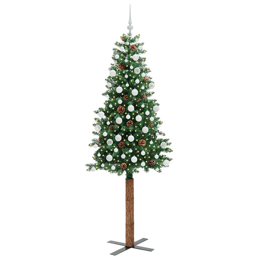Slankt Juletræ med stativ Grøn 210 cm PVC og Massiv Fyrretræ