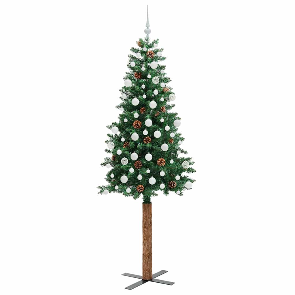 Slankt Juletræ med stativ Grøn 210 cm PVC og Massiv Fyrretræ