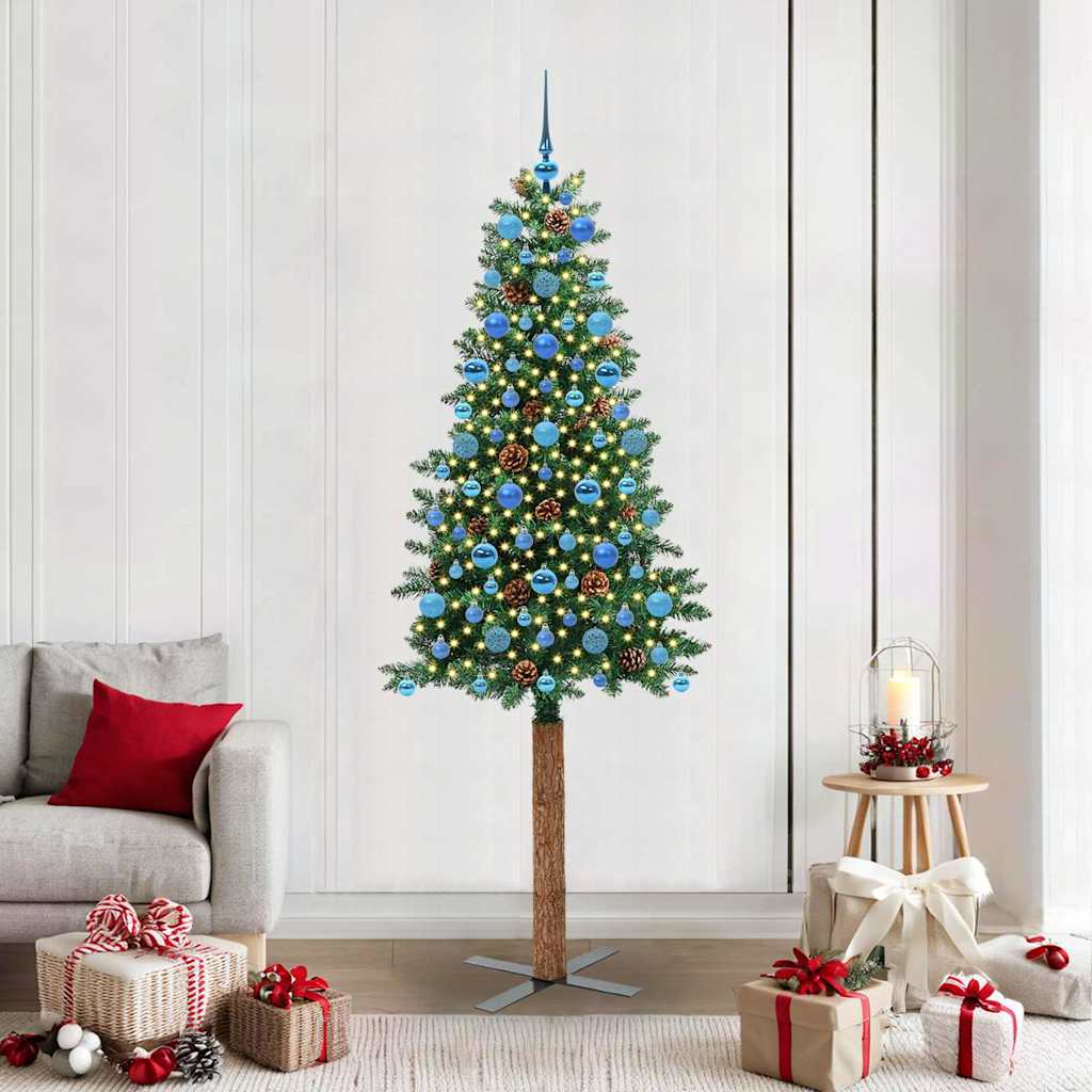 Slankt Juletræ med stativ Grøn 210 cm PVC og Massiv Fyrretræ