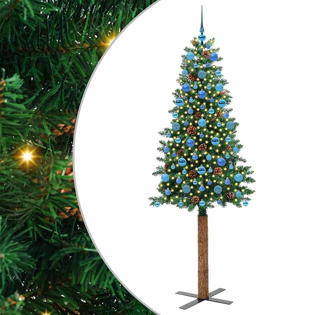 Slankt Juletræ med stativ Grøn 210 cm PVC og Massiv Fyrretræ