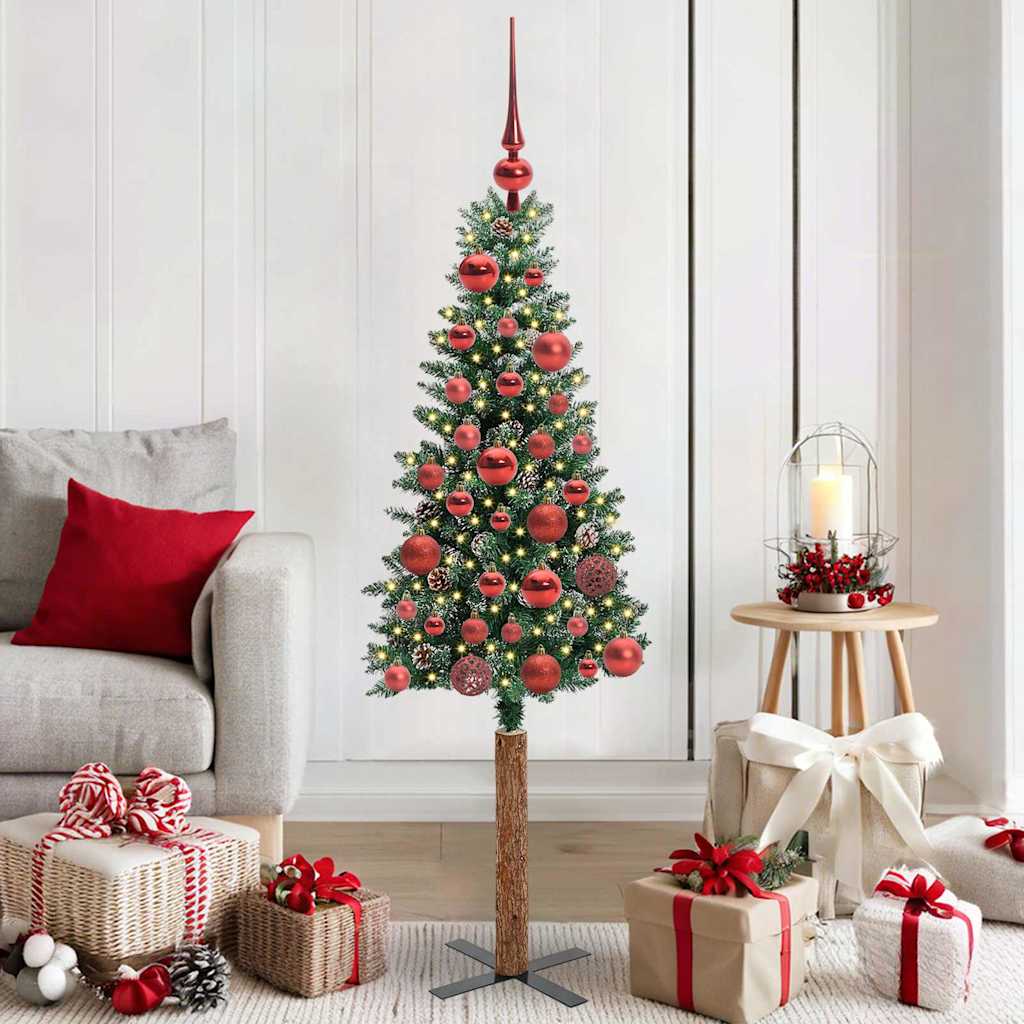 Slankt Juletræ med stativ Grøn 150 cm PVC og Massiv Fyrretræ