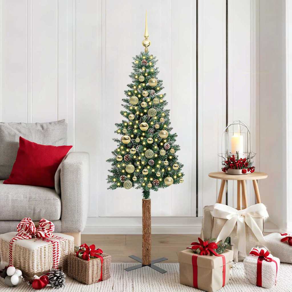 Slankt Juletræ med stativ Grøn 150 cm PVC og Massiv Fyrretræ