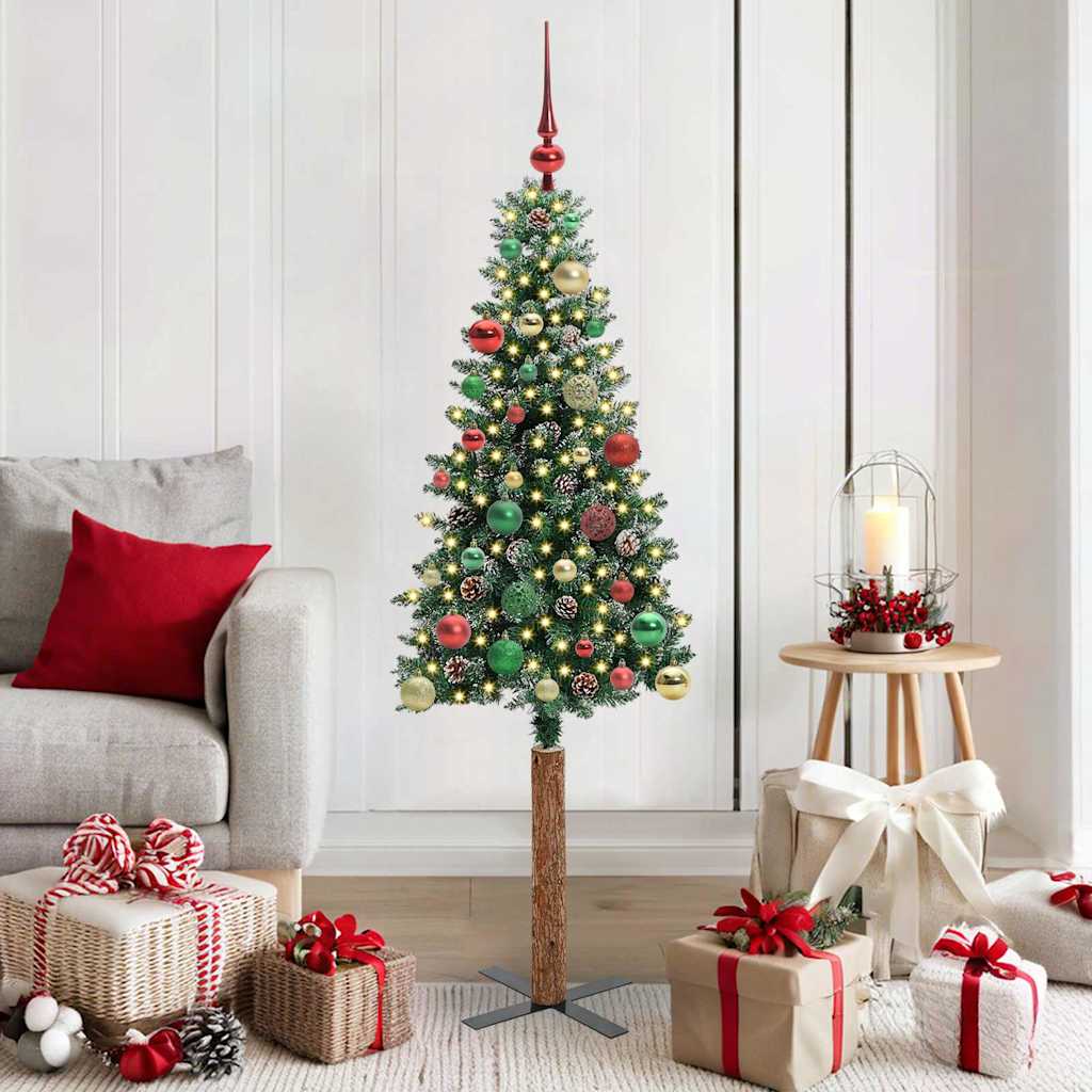 Slankt Juletræ med stativ Grøn 150 cm PVC og Massiv Fyrretræ