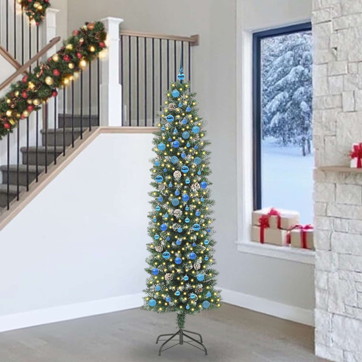 Kunstigt slankt juletræ med 300 LED'er Grøn og Hvid 240 cm