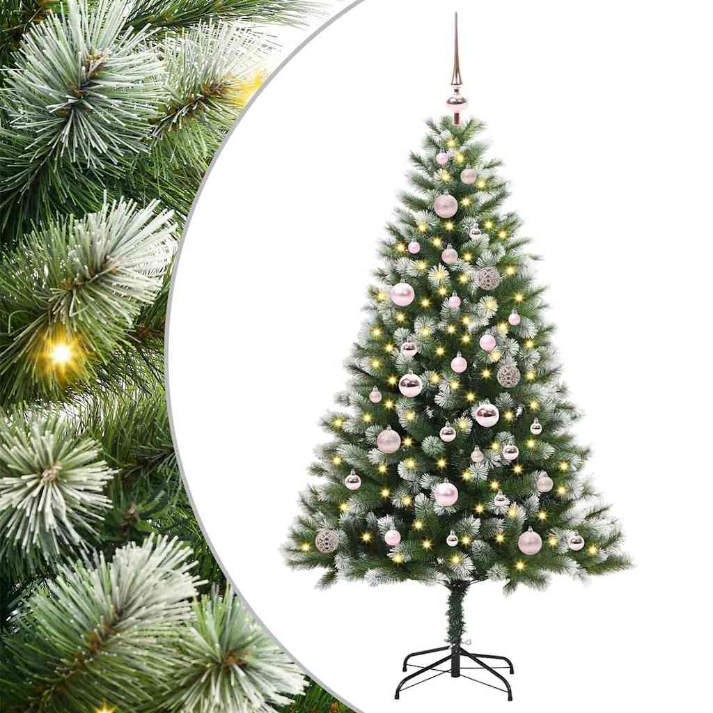 Kunstigt Hængslet Juletræ med Flocked Sne Grøn og hvid 150 cm