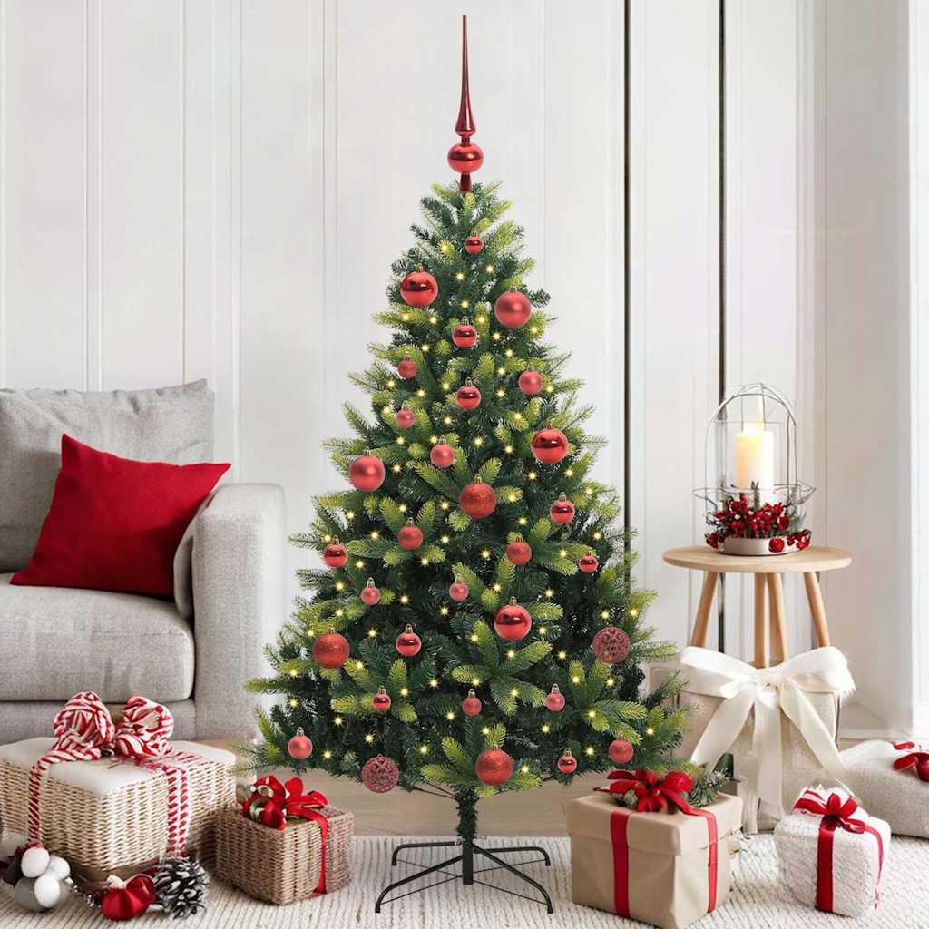 Kunstig hængslet juletræ med 150 LED-lys Grøn 150 cm PVC og PE