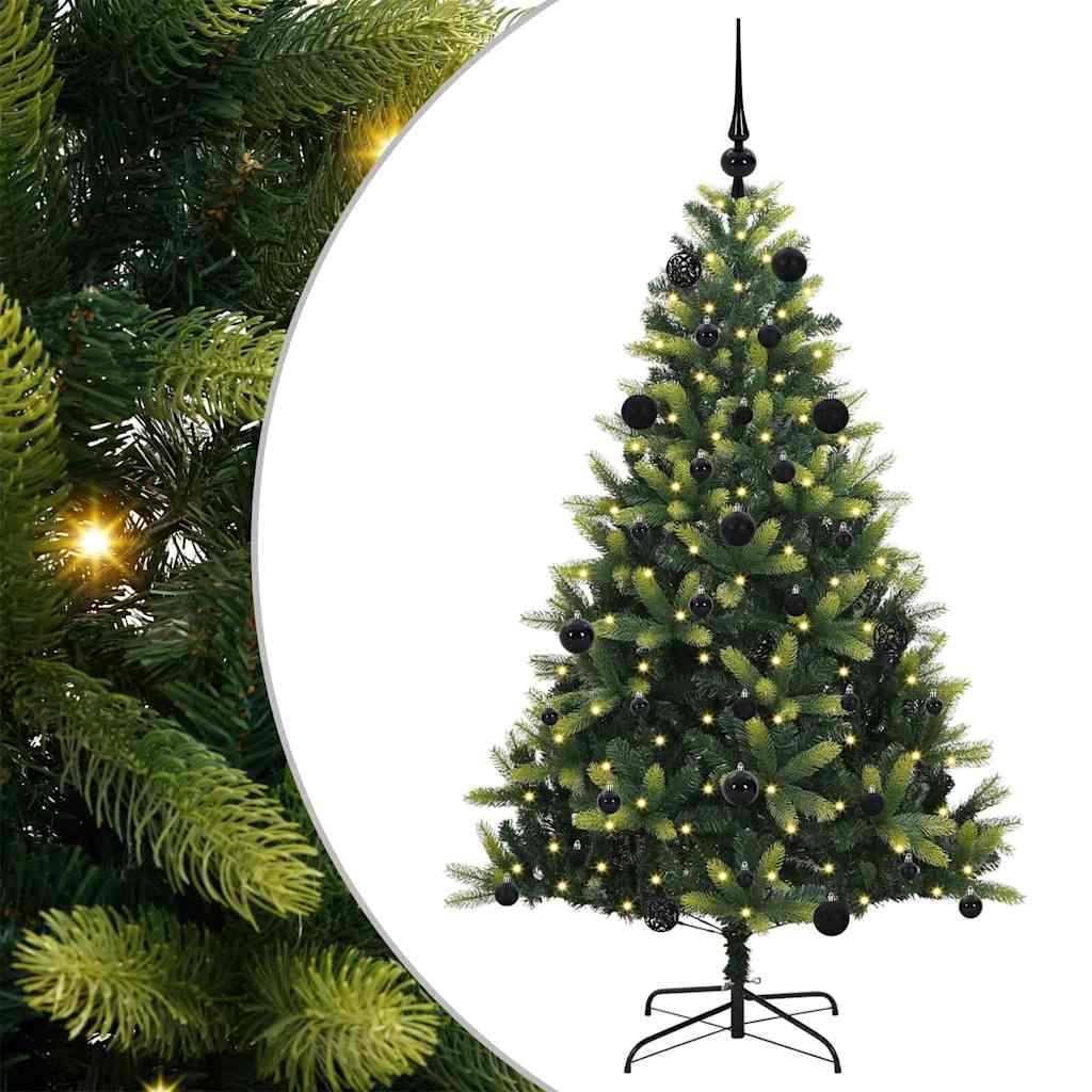 Kunstig hængslet juletræ med 150 LED-lys Grøn 150 cm PVC og PE