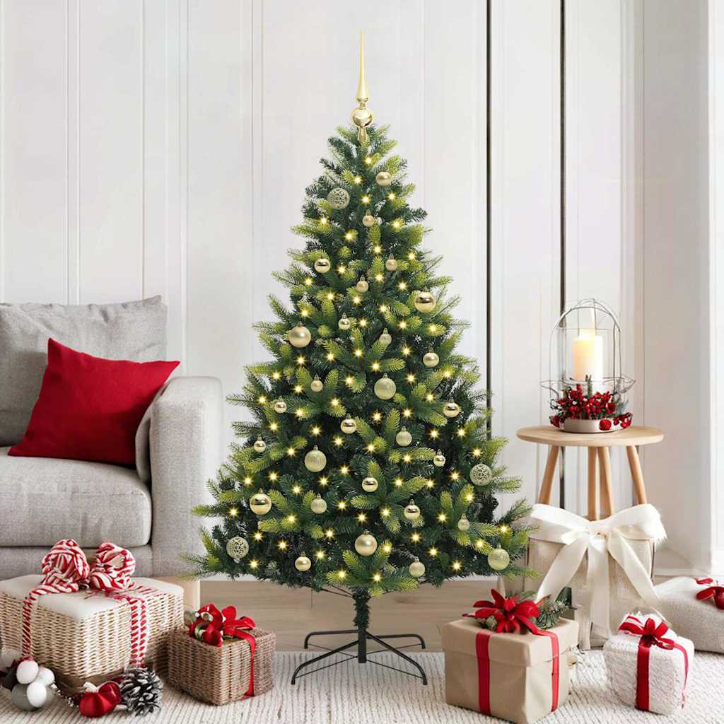 Kunstig hængslet juletræ med 150 LED-lys Grøn 150 cm PVC og PE