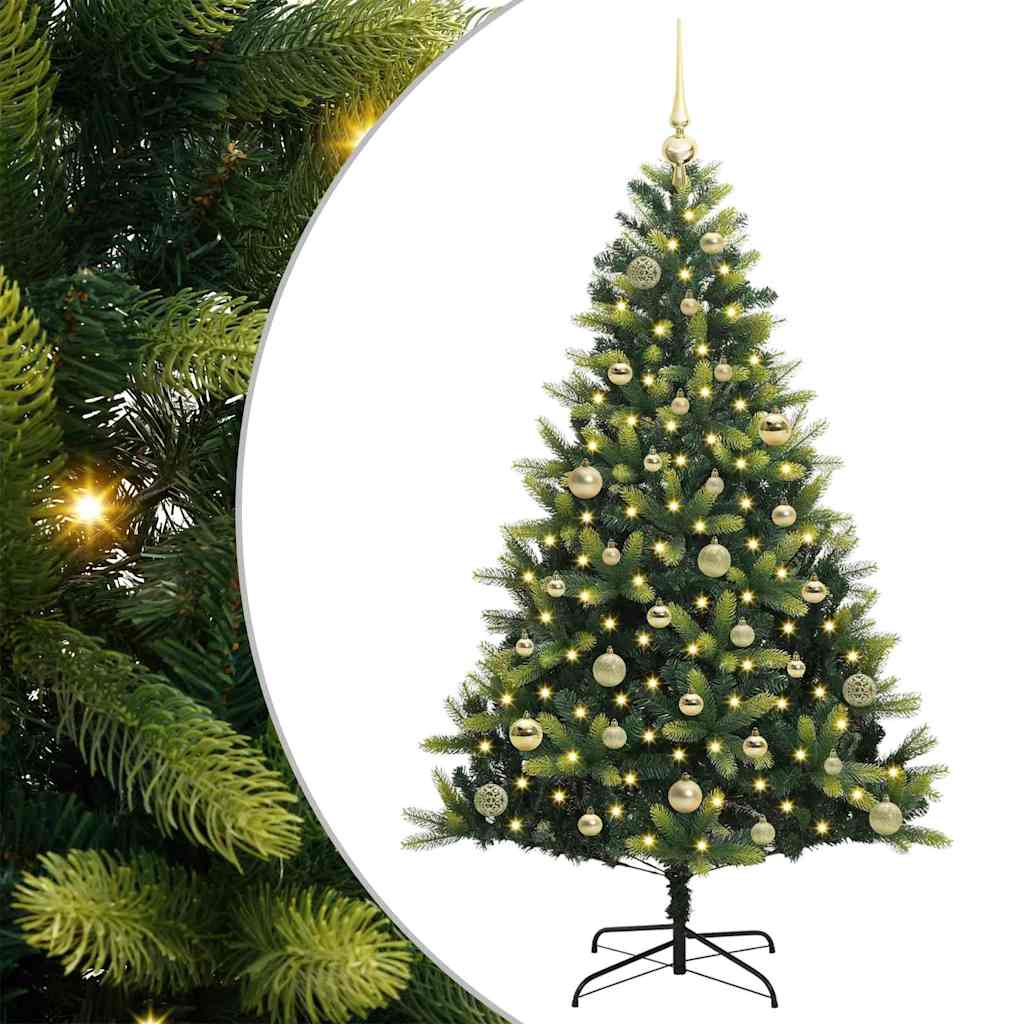 Kunstig hængslet juletræ med 150 LED-lys Grøn 150 cm PVC og PE