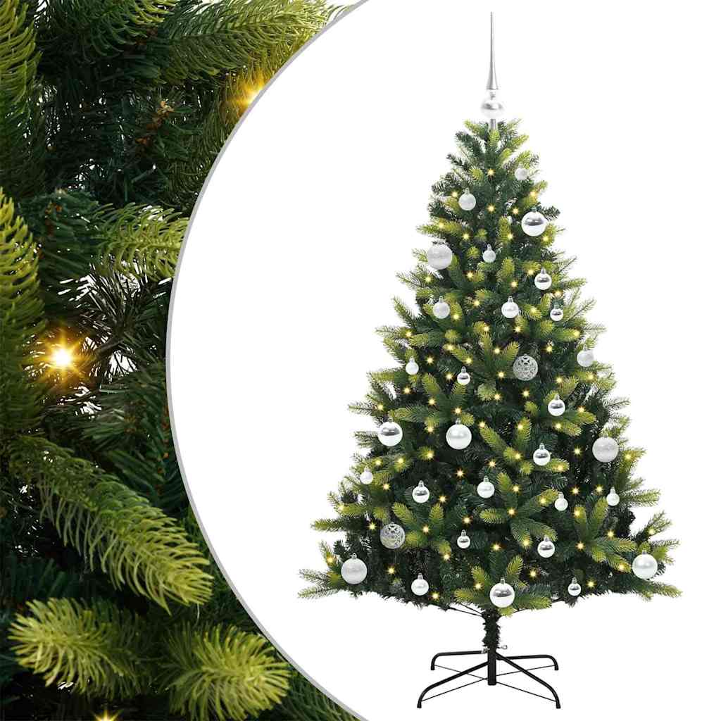 Kunstig hængslet juletræ med 150 LED-lys Grøn 150 cm PVC og PE