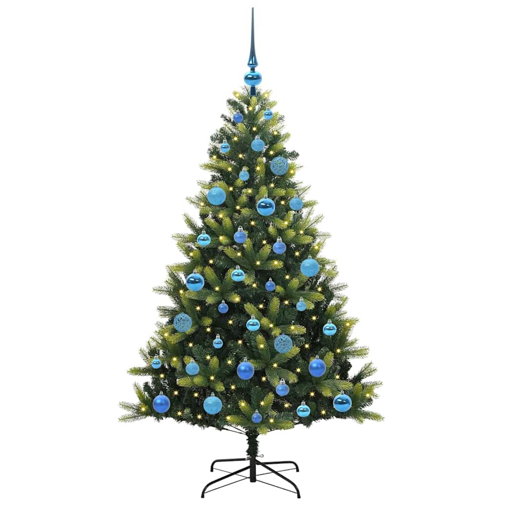 Kunstig hængslet juletræ med 150 LED-lys Grøn 150 cm PVC og PE