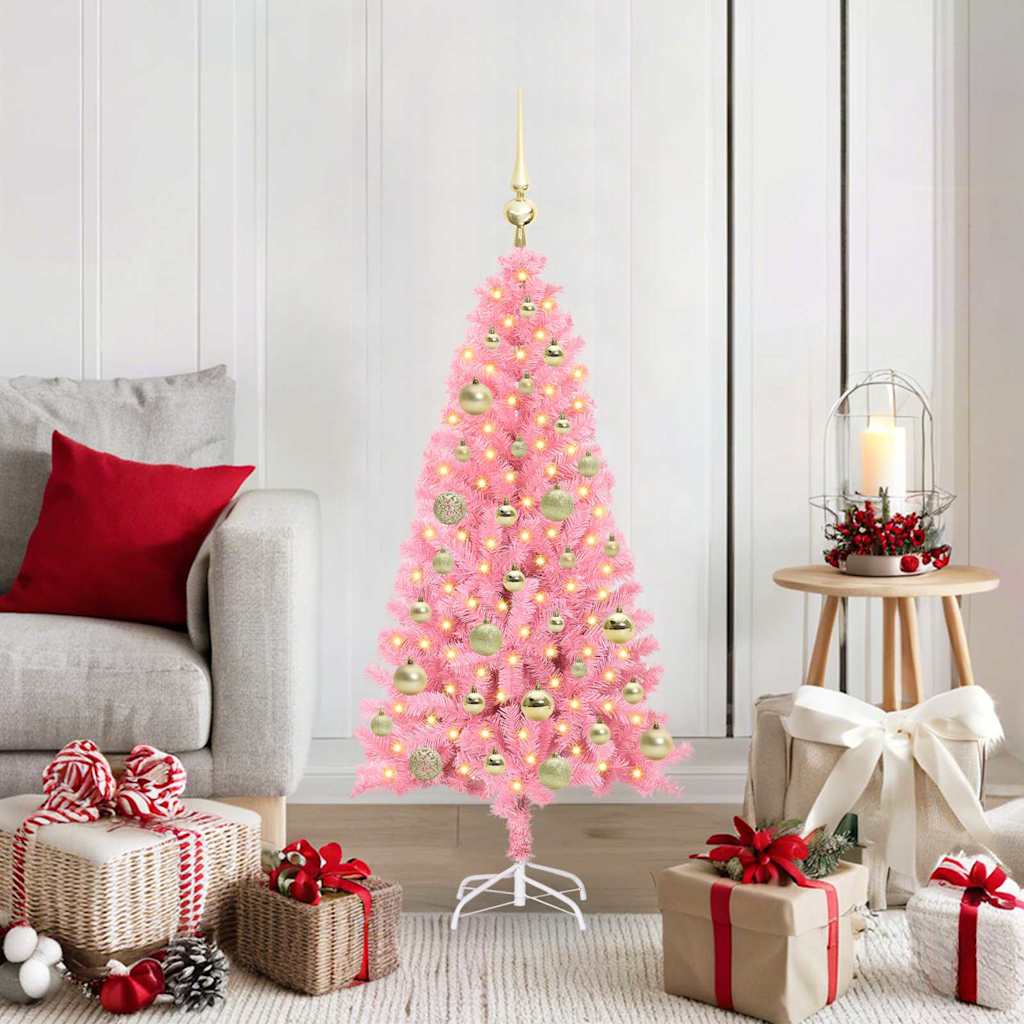Juletræ med 150 LED'er med stativ Lyserød 120 cm PVC