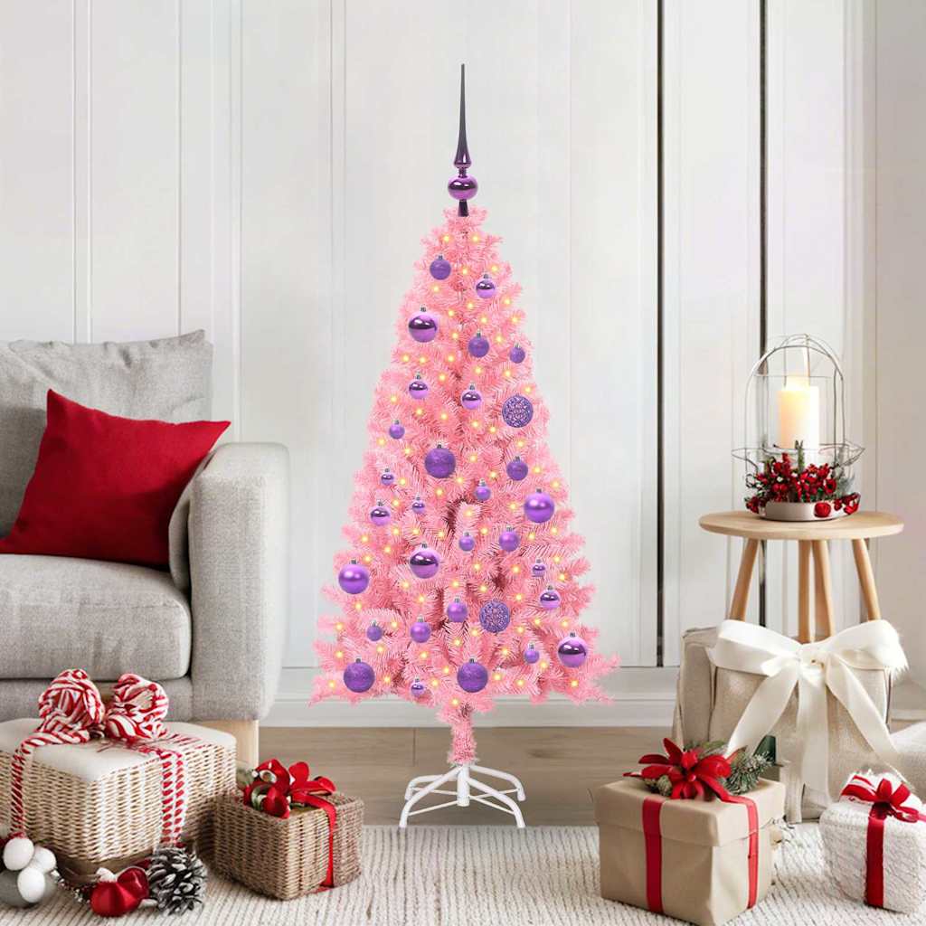 Juletræ med 150 LED'er med stativ Lyserød 120 cm PVC