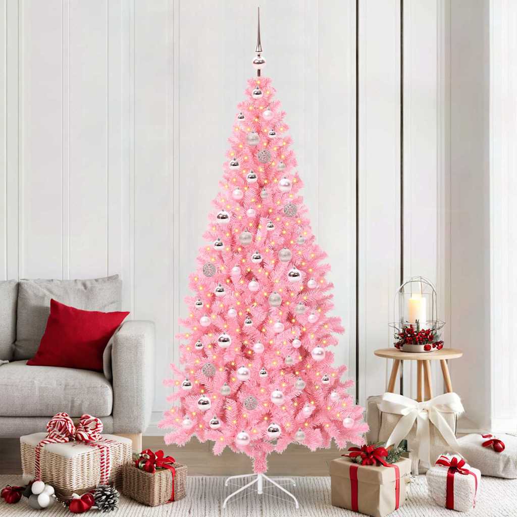 Juletræ med 300 LED'er med stativ Lyserød 210 cm PVC