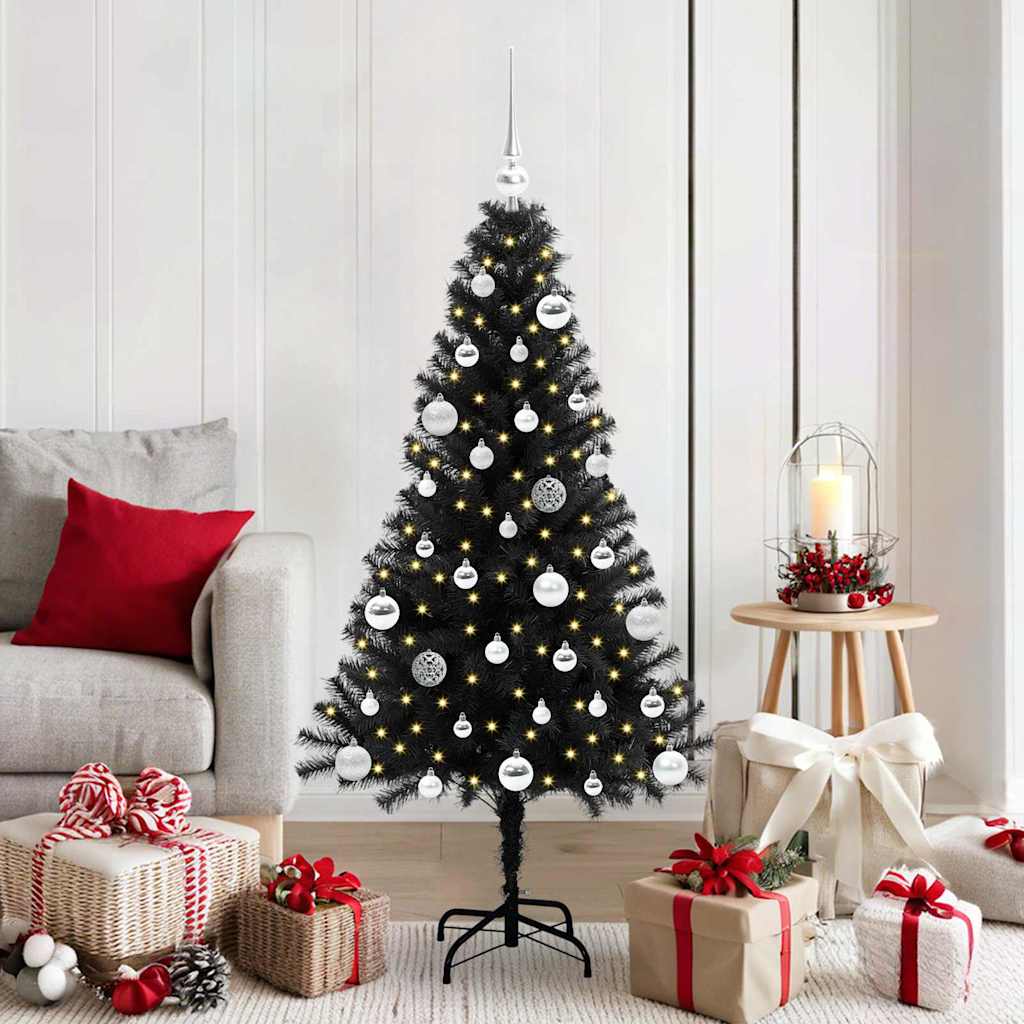 Juletræ med 150 LED'er med stativ Sort 150 cm PVC