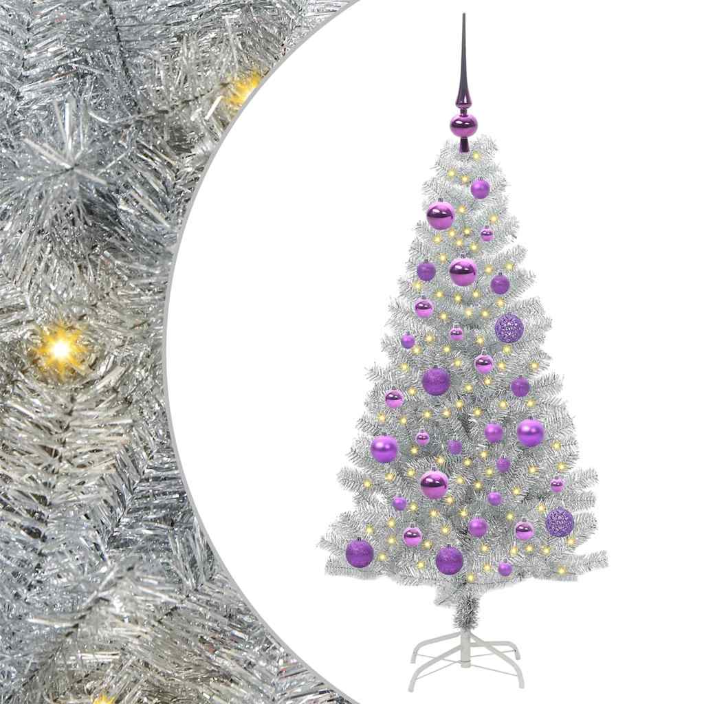 Juletræ med 150 LED'er med stativ Sølv 120 cm PET