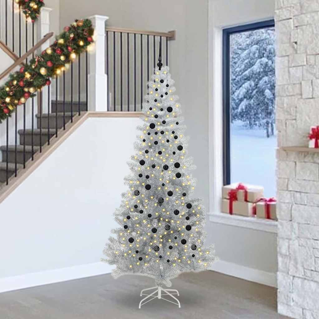 Juletræ med 300 LED'er med stativ Sølv 240 cm PET
