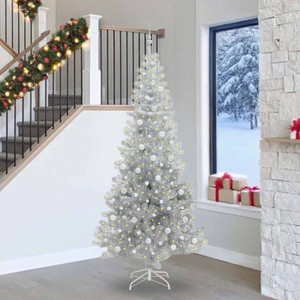 Juletræ med 300 LED'er med stativ Sølv 240 cm PET