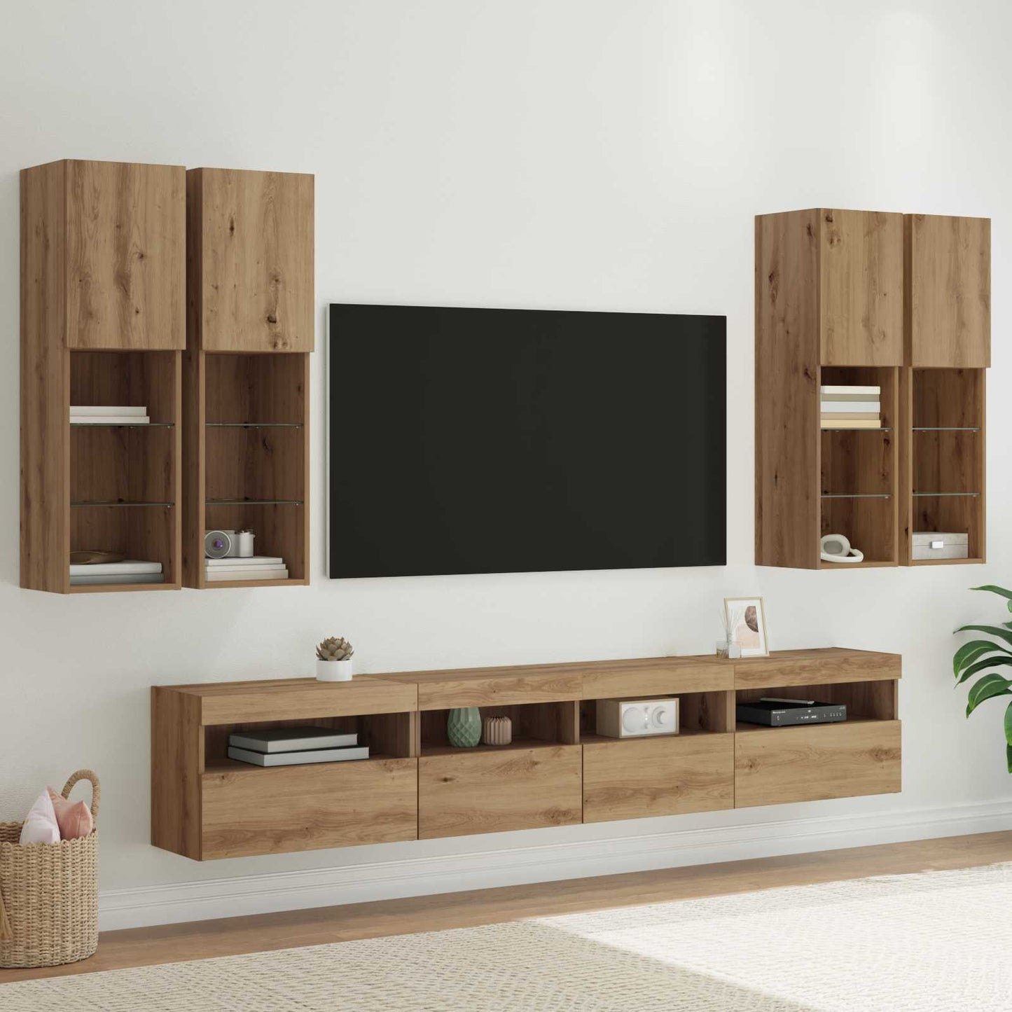 TV Væghængt Skabssæt med LED-lys 7 pcs artisan eg