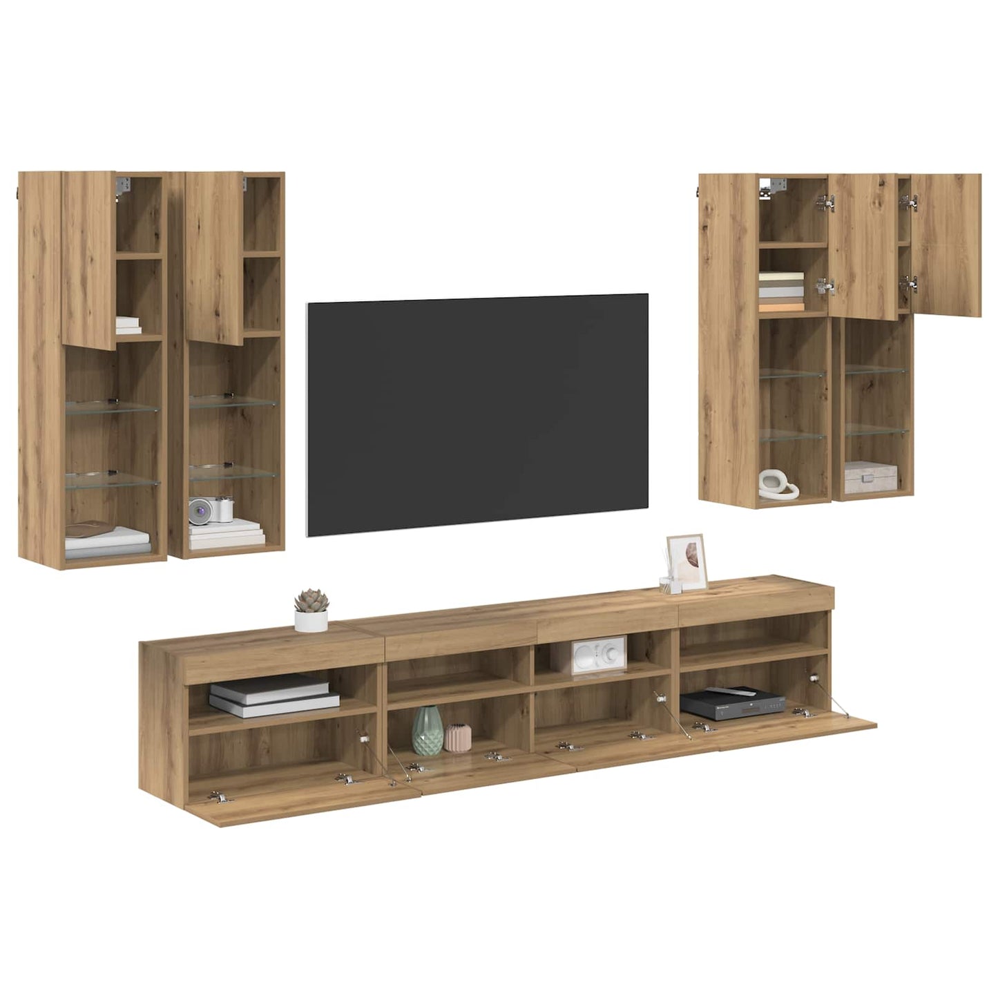 TV Væghængt Skabssæt med LED-lys 7 pcs artisan eg