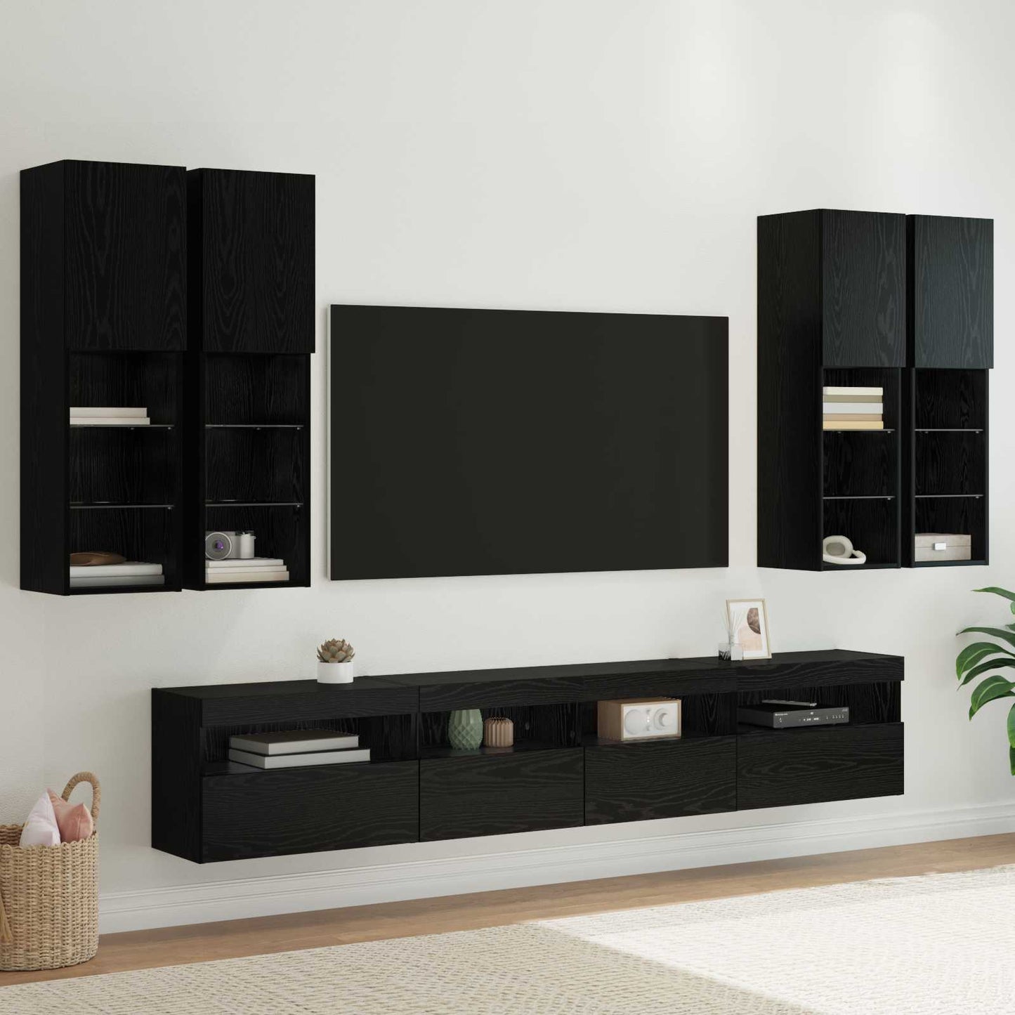 TV Væghængt Skabssæt med LED-lys 7 pcs Sort eg 100 x 30 x 40 cm