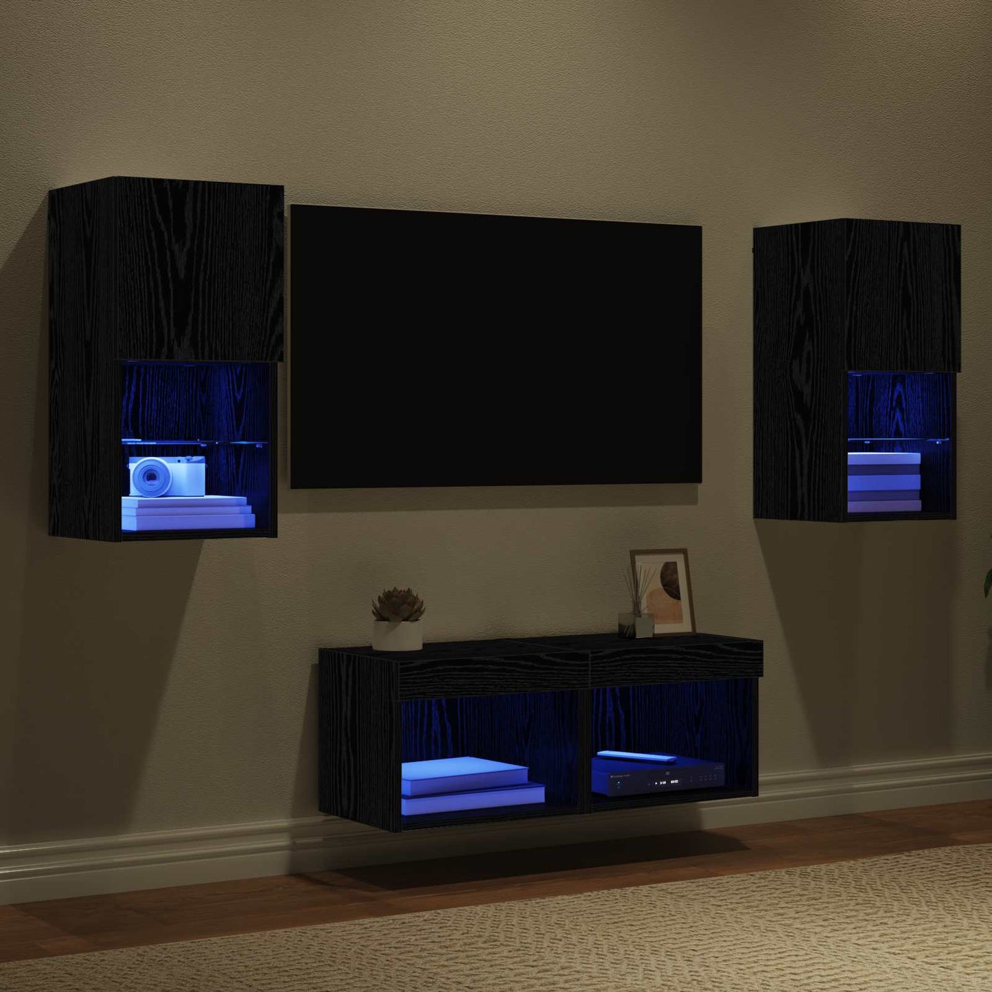 TV Væghylder med LED -strimmellys 4 pcs Sort eg Konstrueret træ