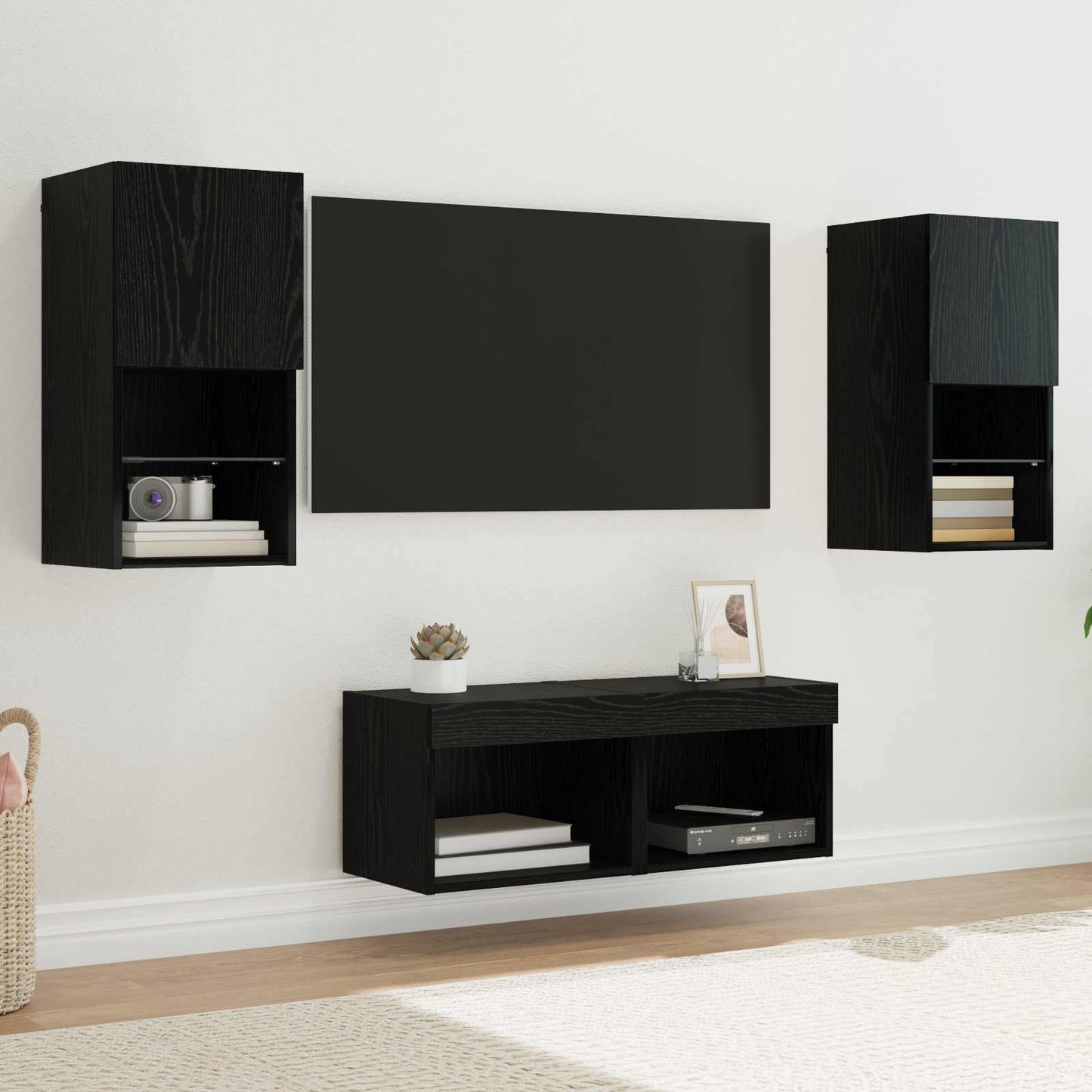 TV Væghylder med LED -strimmellys 4 pcs Sort eg Konstrueret træ